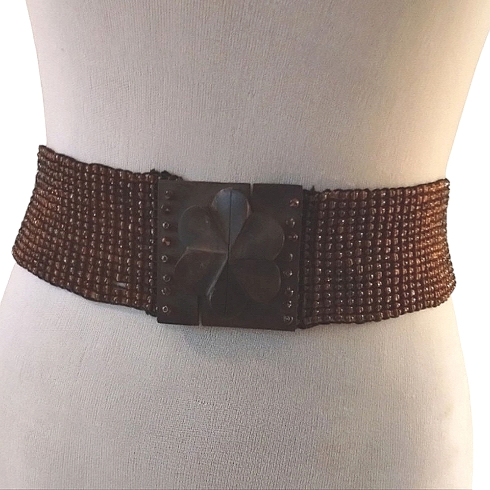 Vintage Hand Beaded Elastic Belt With  Carved Wooden Flower Buckle XXL